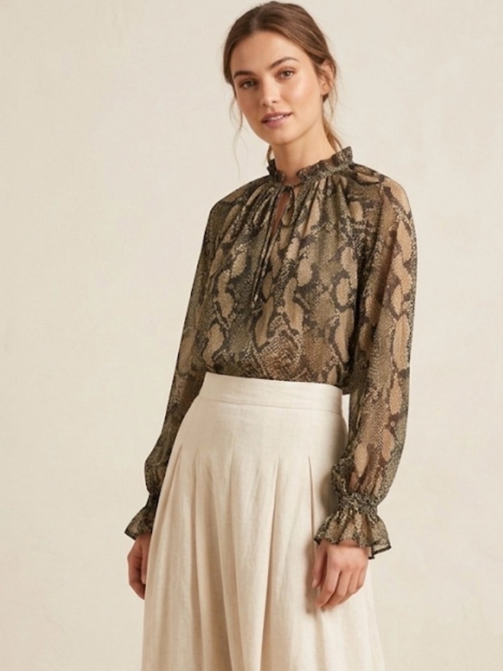 H&M Olive Snake Print Sheer Tie-Neck Blouse